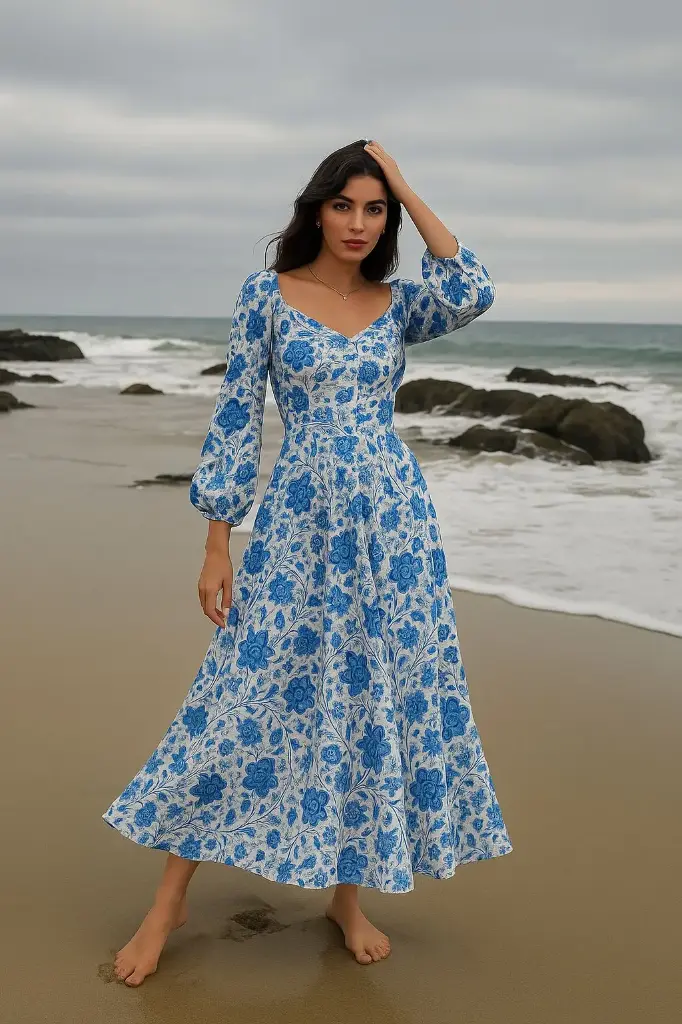 Blue Floral Midi Dress 💙🌸  Sweetheart neckline + flowy flare = effortless charm! Perfect for brunch dates & breezy days