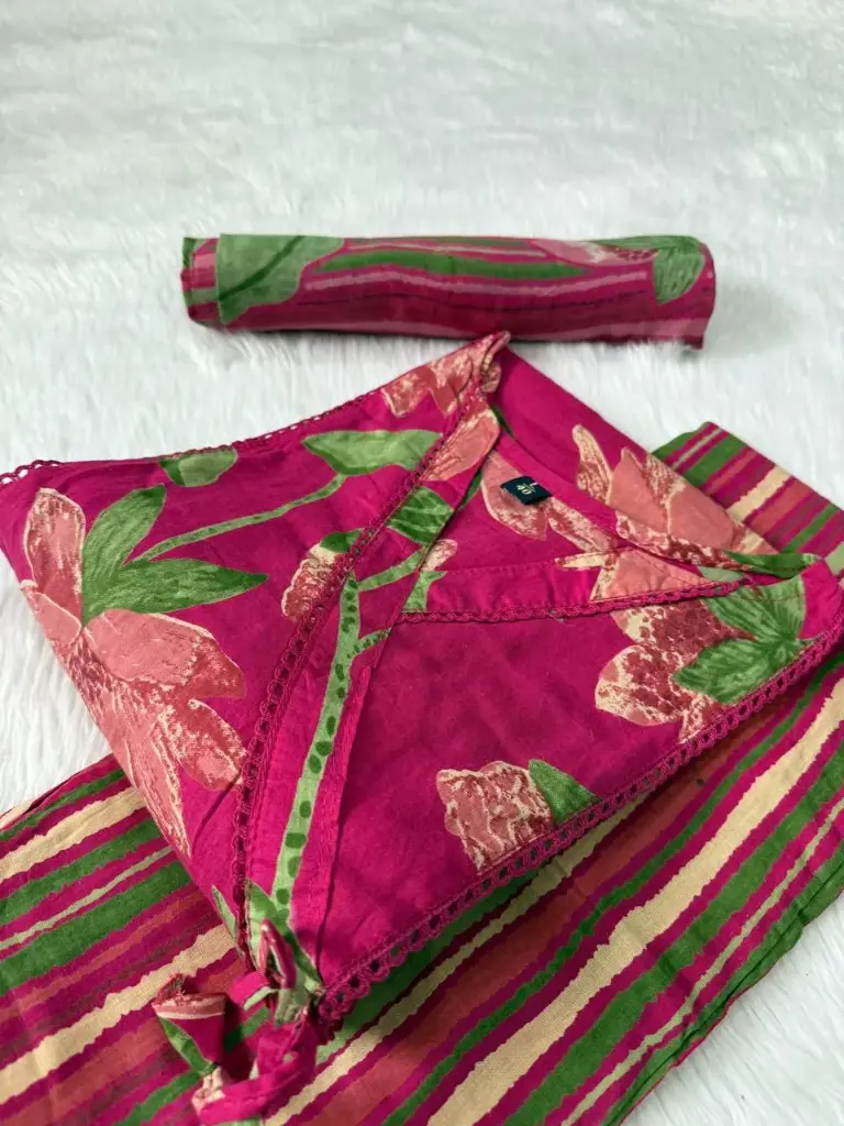 Summer Collection three piece suit in our traditional printed cotton kurti pant and printed dupatta🥰_  Premium QUALITY 👗 FABRICS Neck pattern Angrakha style 👗 Type -  kurti straight Side cut (43) Pant With Pocket(38)  Dupatta (2.3m)    📏  Size (M 38)(L 40) (XL 42)(XXL 44)