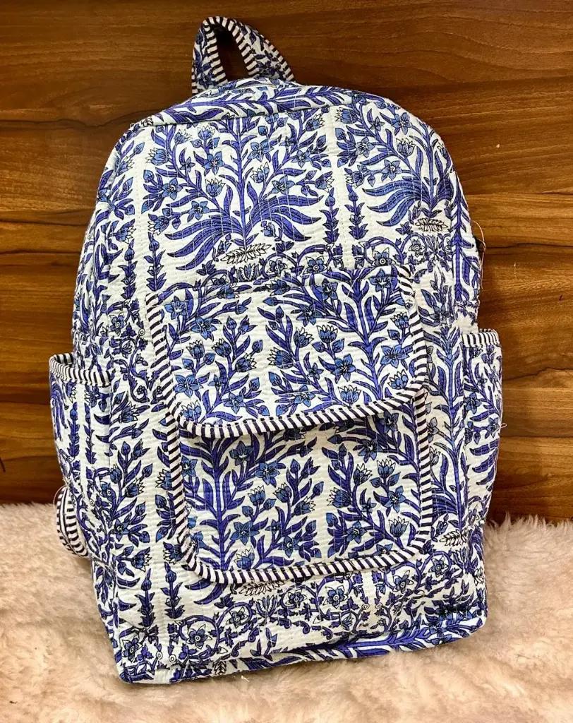 👉 Beautiful quilted hand block printed backpack Single partition zip closure One front side pocket One inside pocket 2 bottle holder Size : 20"X16 ~👉 Shipping free  IN I~ndia