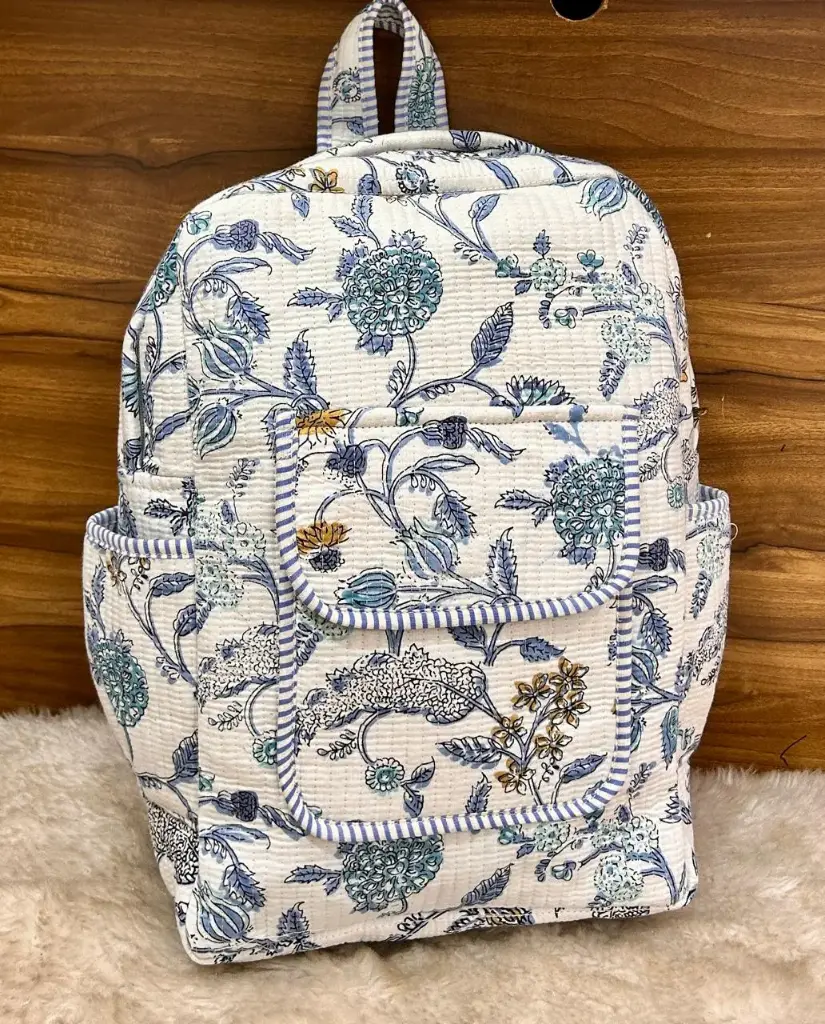 👉 Beautiful quilted hand block printed backpack Single partition zip closure One front side pocket One inside pocket 2 bottle holder Size : 20"X16 ~👉 Shipping free  IN I~ndia
