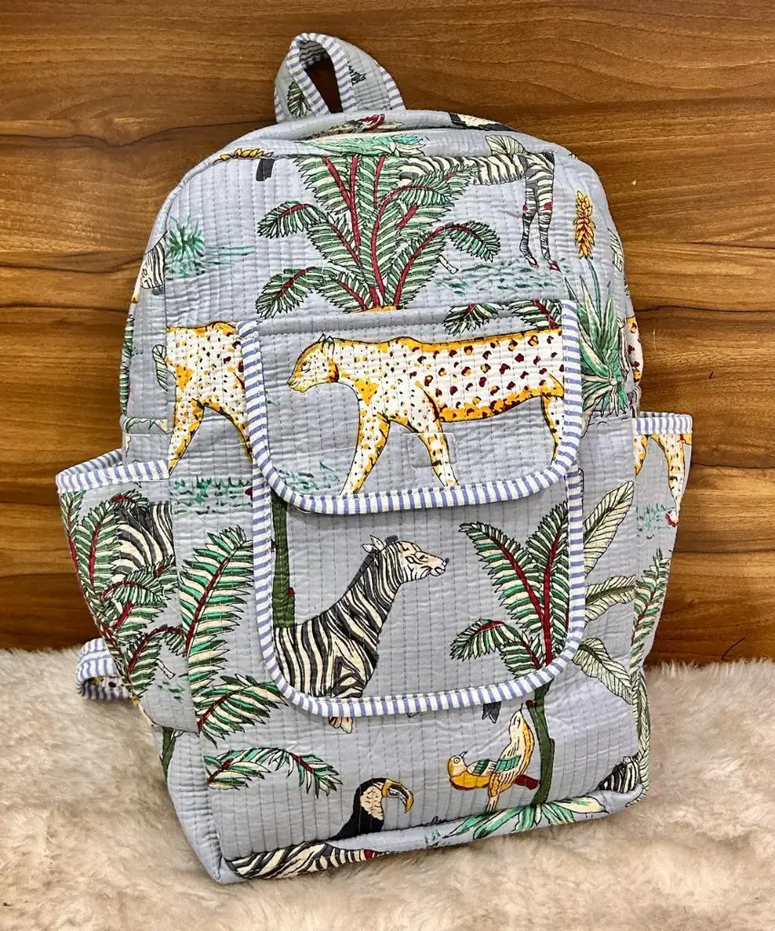 👉 Beautiful quilted hand block printed backpack Single partition zip closure One front side pocket One inside pocket 2 bottle holder Size : 20"X16 ~👉 Shipping free  IN I~ndia