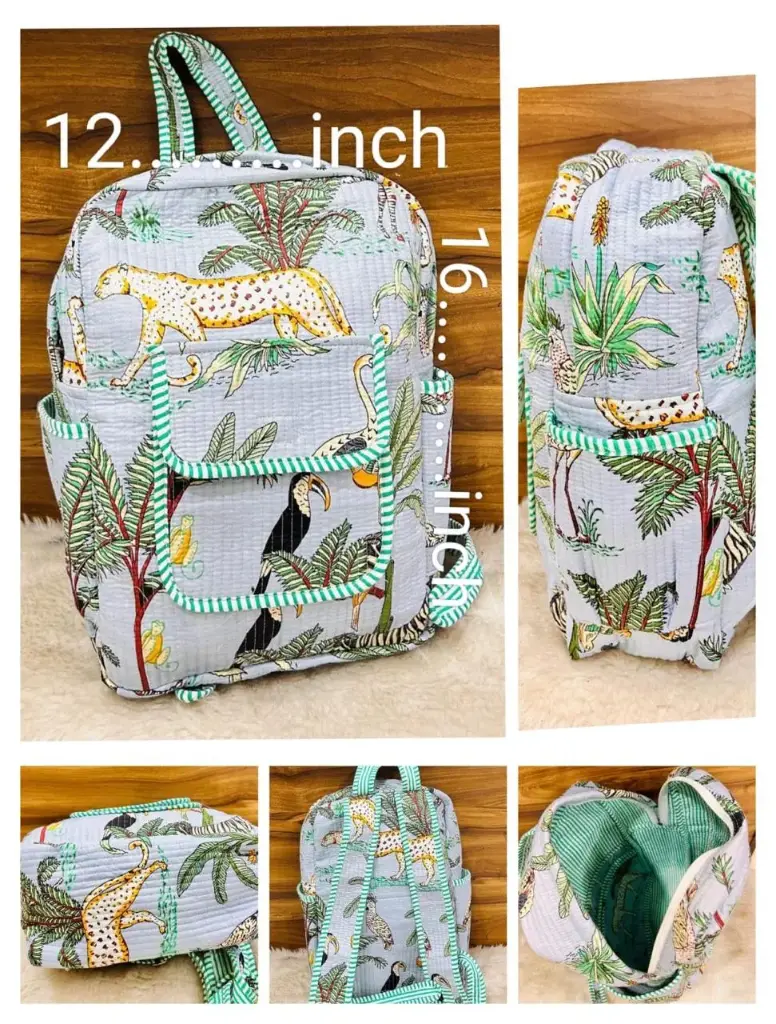 👉 Beautiful quilted hand block printed backpack Single partition zip closure One front side pocket One inside pocket 2 bottle holder Size : 20"X16 ~👉 Shipping free  IN I~ndia