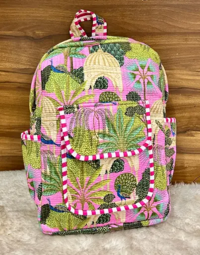 👉 Beautiful quilted hand block printed backpack Single partition zip closure One front side pocket One inside pocket 2 bottle holder Size : 20"X16 ~👉 Shipping free  IN I~ndia