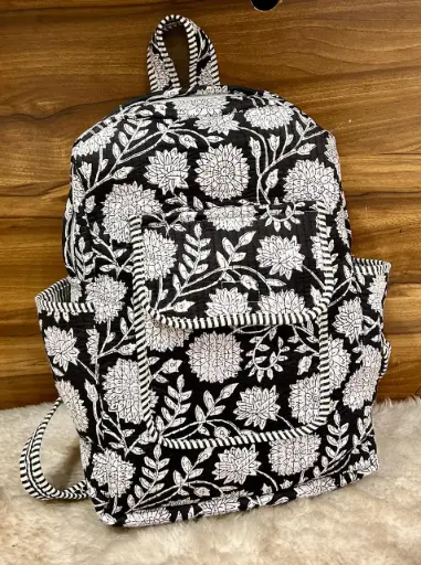 👉 Beautiful quilted hand block printed backpack Single partition zip closure One front side pocket One inside pocket 2 bottle holder Size : 20"X16 ~👉 Shipping free  IN I~ndia