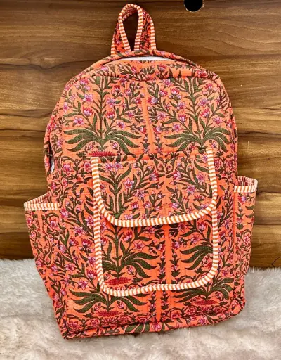 👉 Beautiful quilted hand block printed backpack Single partition zip closure One front side pocket One inside pocket 2 bottle holder Size : 20"X16 ~👉 Shipping free  IN I~ndia