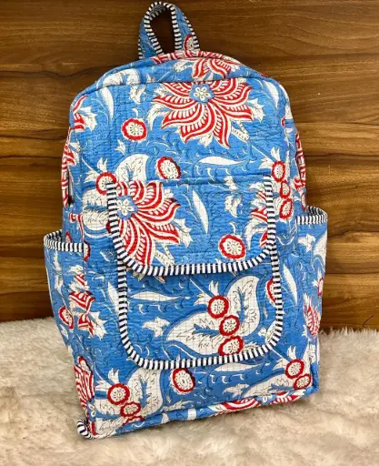 👉 Beautiful quilted hand block printed backpack Single partition zip closure One front side pocket One inside pocket 2 bottle holder Size : 20"X16 ~👉 Shipping free  IN I~ndia