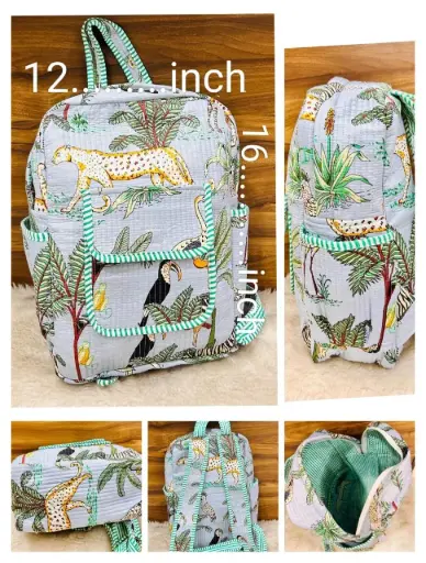 👉 Beautiful quilted hand block printed backpack Single partition zip closure One front side pocket One inside pocket 2 bottle holder Size : 20"X16 ~👉 Shipping free  IN I~ndia
