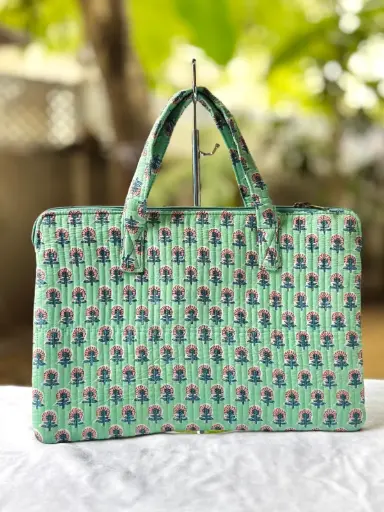 👉 Laptop Bags Beautiful quilted hand block printed Single partition One inside pocket High quality canvas fabric inside lining Size : 11.5"X17  👉 Shipping Free in India