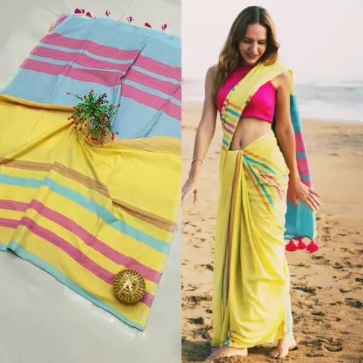 👉 Pure Khadi Cotton Bar Saree  Fabric : khadi Cotton Saree   : 5.5 Meters Blouse  : 0.90 Meter ( Running )