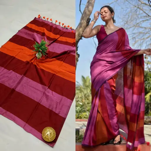 👉 Pure Khadi Cotton Bar Saree  Fabric : khadi Cotton Saree   : 5.5 Meters Blouse  : 0.90 Meter ( Running )