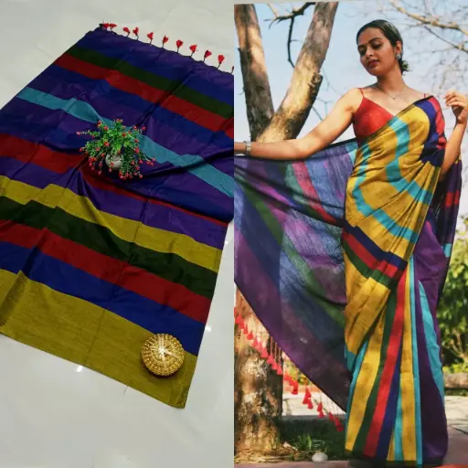 👉 Pure Khadi Cotton Bar Saree  Fabric : khadi Cotton Saree   : 5.5 Meters Blouse  : 0.90 Meter ( Running )