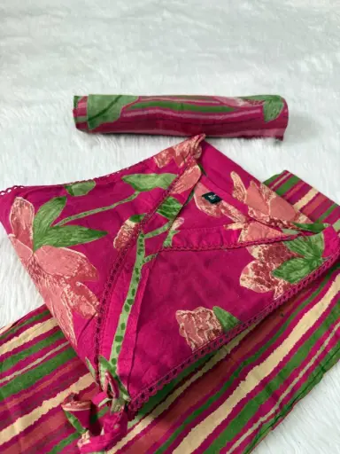 Summer Collection three piece suit in our traditional printed cotton kurti pant and printed dupatta🥰_  Premium QUALITY 👗 FABRICS Neck pattern Angrakha style 👗 Type -  kurti straight Side cut (43) Pant With Pocket(38)  Dupatta (2.3m)    📏  Size (M 38)(L 40) (XL 42)(XXL 44)