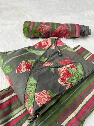 Summer Collection three piece suit in our traditional printed cotton kurti pant and printed dupatta🥰_  Premium QUALITY 👗 FABRICS Neck pattern Angrakha style 👗 Type -  kurti straight Side cut (43) Pant With Pocket(38)  Dupatta (2.3m)    📏  Size (M 38)(L 40) (XL 42)(XXL 44)